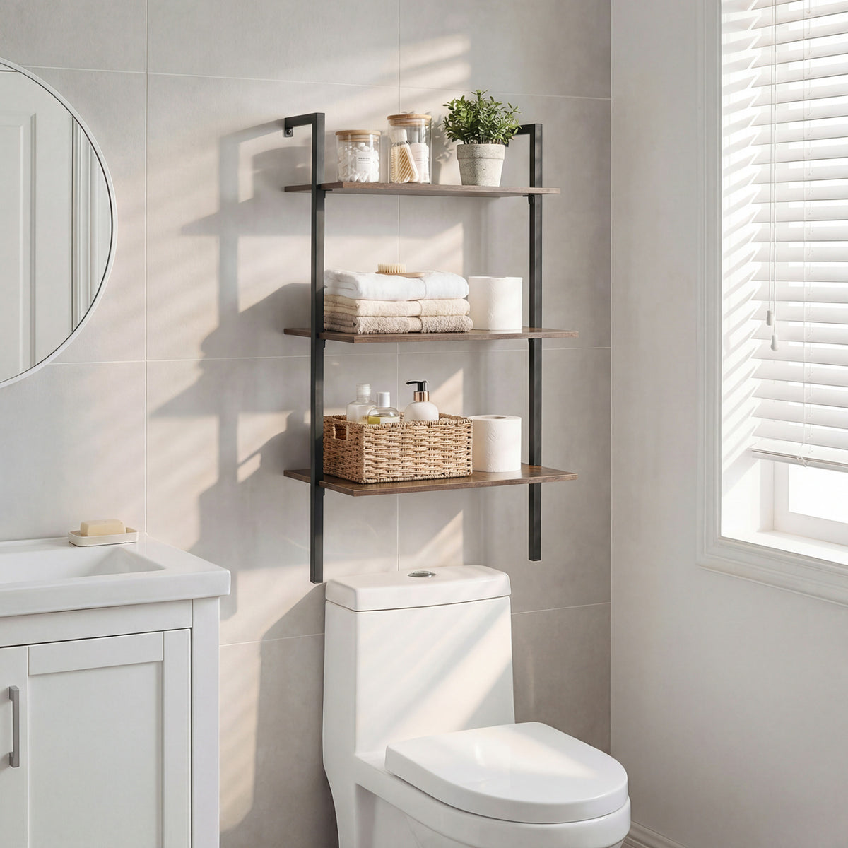 3-Tier Modern Wall Mounted Shelves Wooden Floating Shelving Unit Metal Ladder Bookshelf-Rustic Brown view 2
