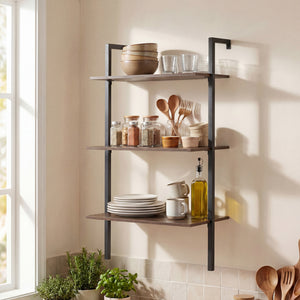 3-Tier Modern Wall Mounted Shelves Wooden Floating Shelving Unit Metal Ladder Bookshelf-Rustic Brown view 3
