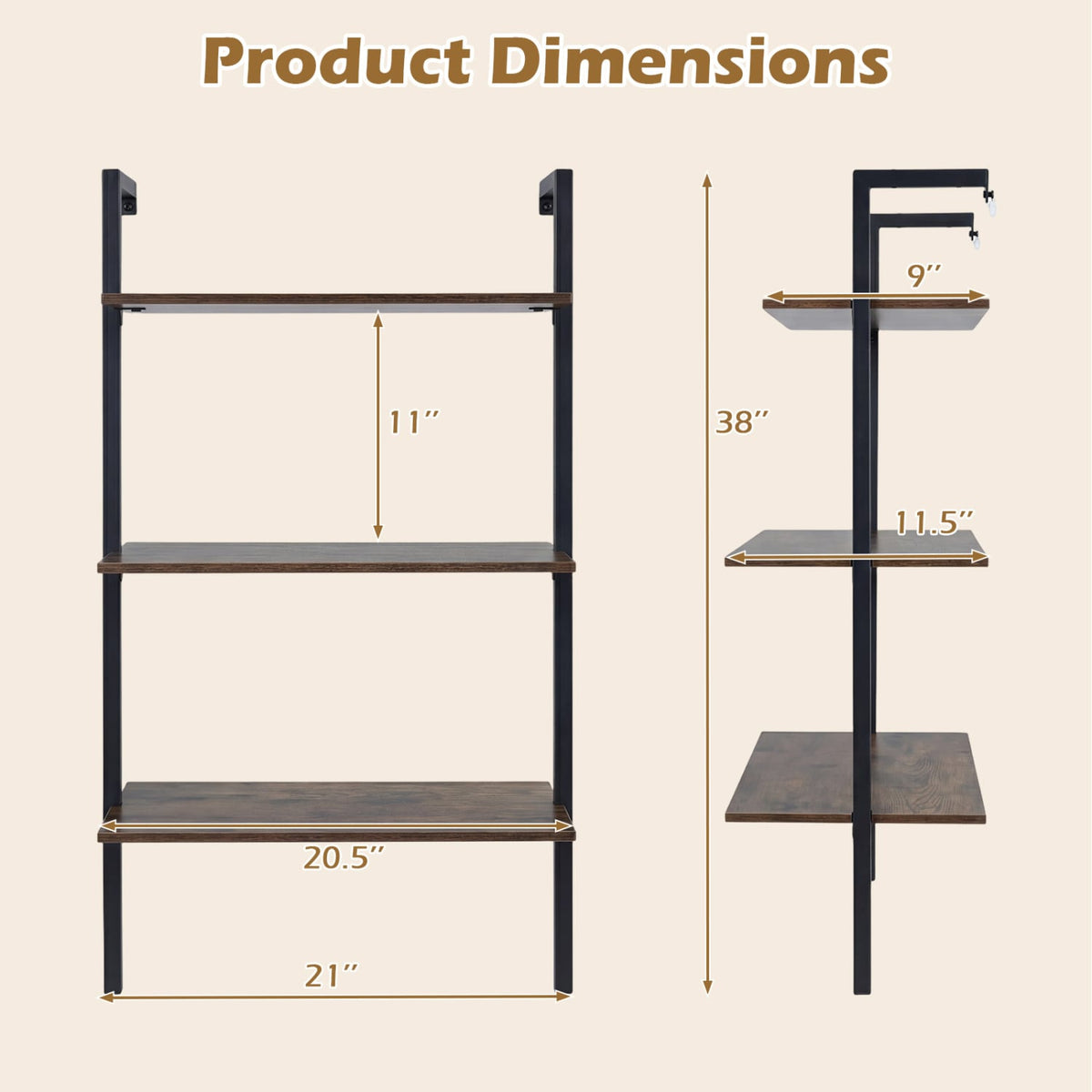 3-Tier Modern Wall Mounted Shelves Wooden Floating Shelving Unit Metal Ladder Bookshelf-Rustic Brown view 5