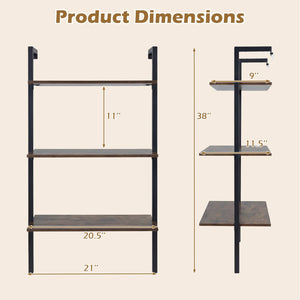 3-Tier Modern Wall Mounted Shelves Wooden Floating Shelving Unit Metal Ladder Bookshelf-Rustic Brown view 5