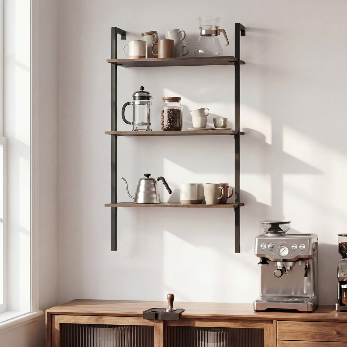 3-Tier Modern Wall Mounted Shelves Wooden Floating Shelving Unit Metal Ladder Bookshelf-Rustic Brown view 6
