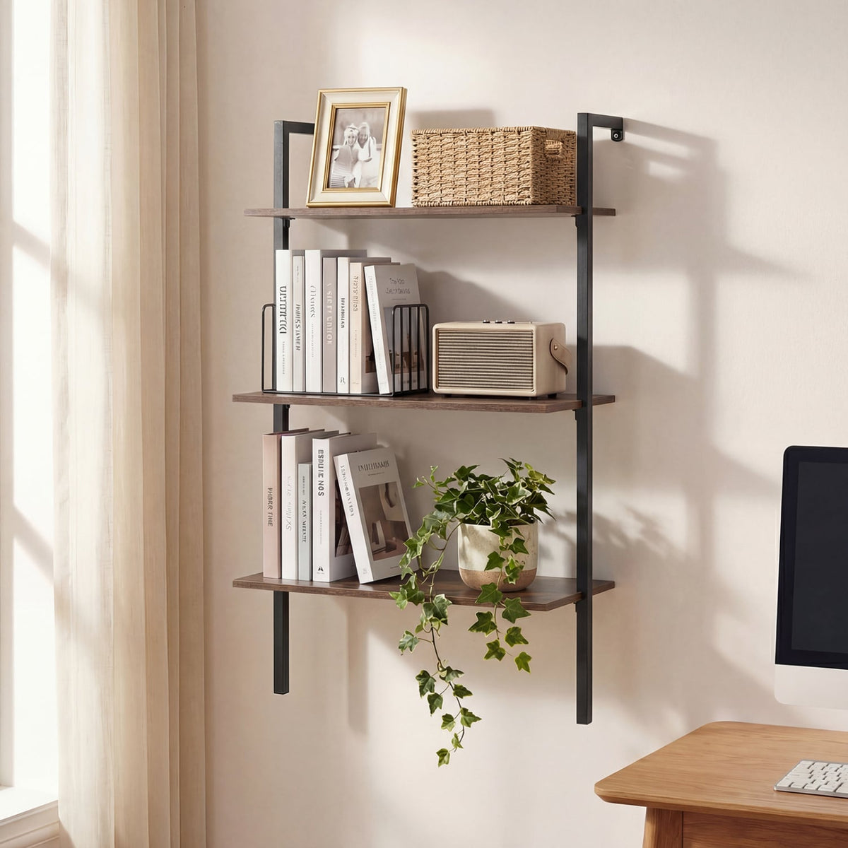 3-Tier Modern Wall Mounted Shelves Wooden Floating Shelving Unit Metal Ladder Bookshelf-Rustic Brown view 7