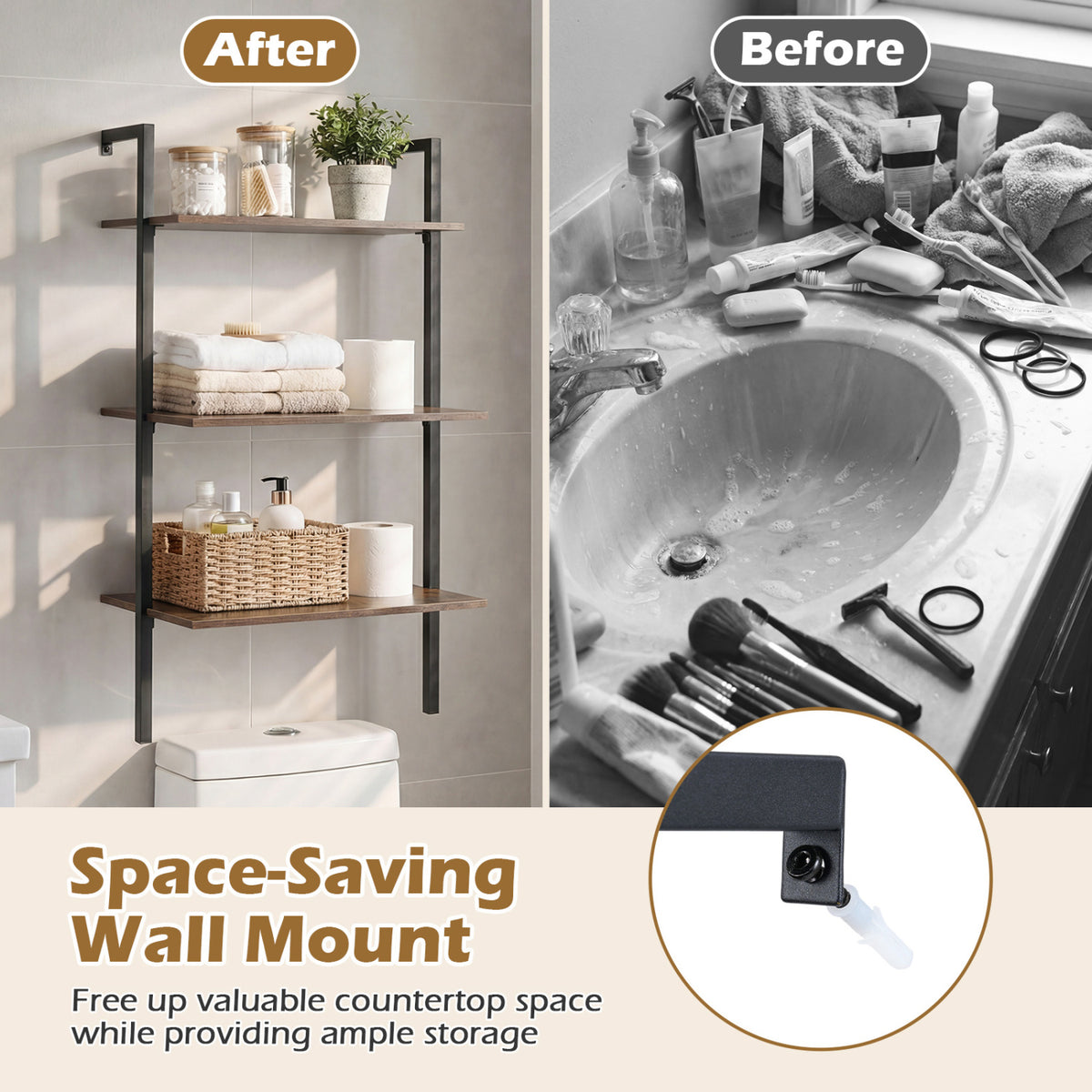 3-Tier Modern Wall Mounted Shelves Wooden Floating Shelving Unit Metal Ladder Bookshelf-Rustic Brown view 8