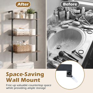 3-Tier Modern Wall Mounted Shelves Wooden Floating Shelving Unit Metal Ladder Bookshelf-Rustic Brown view 8