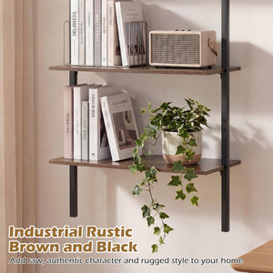 3-Tier Modern Wall Mounted Shelves Wooden Floating Shelving Unit Metal Ladder Bookshelf-Rustic Brown view 9