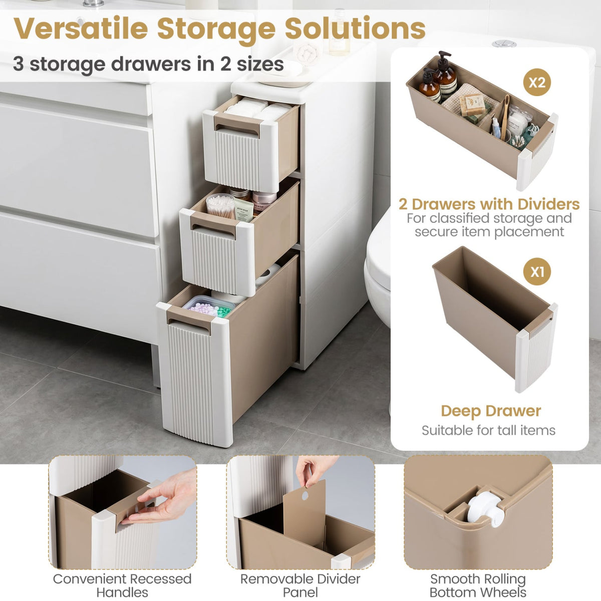 3-Tier Narrow Storage Cabinet, Slim Rolling Cart with 3 Drawers and 2 Removable Dividers-S view 7