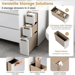 3-Tier Narrow Storage Cabinet, Slim Rolling Cart with 3 Drawers and 2 Removable Dividers-S view 7