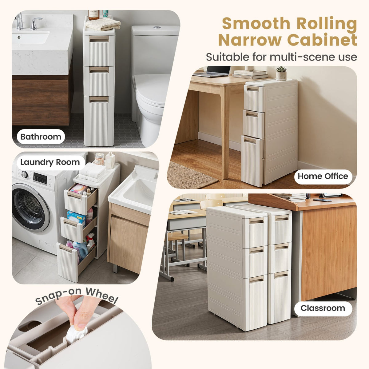 3-Tier Narrow Storage Cabinet, Slim Rolling Cart with 3 Drawers and 2 Removable Dividers-S view 9