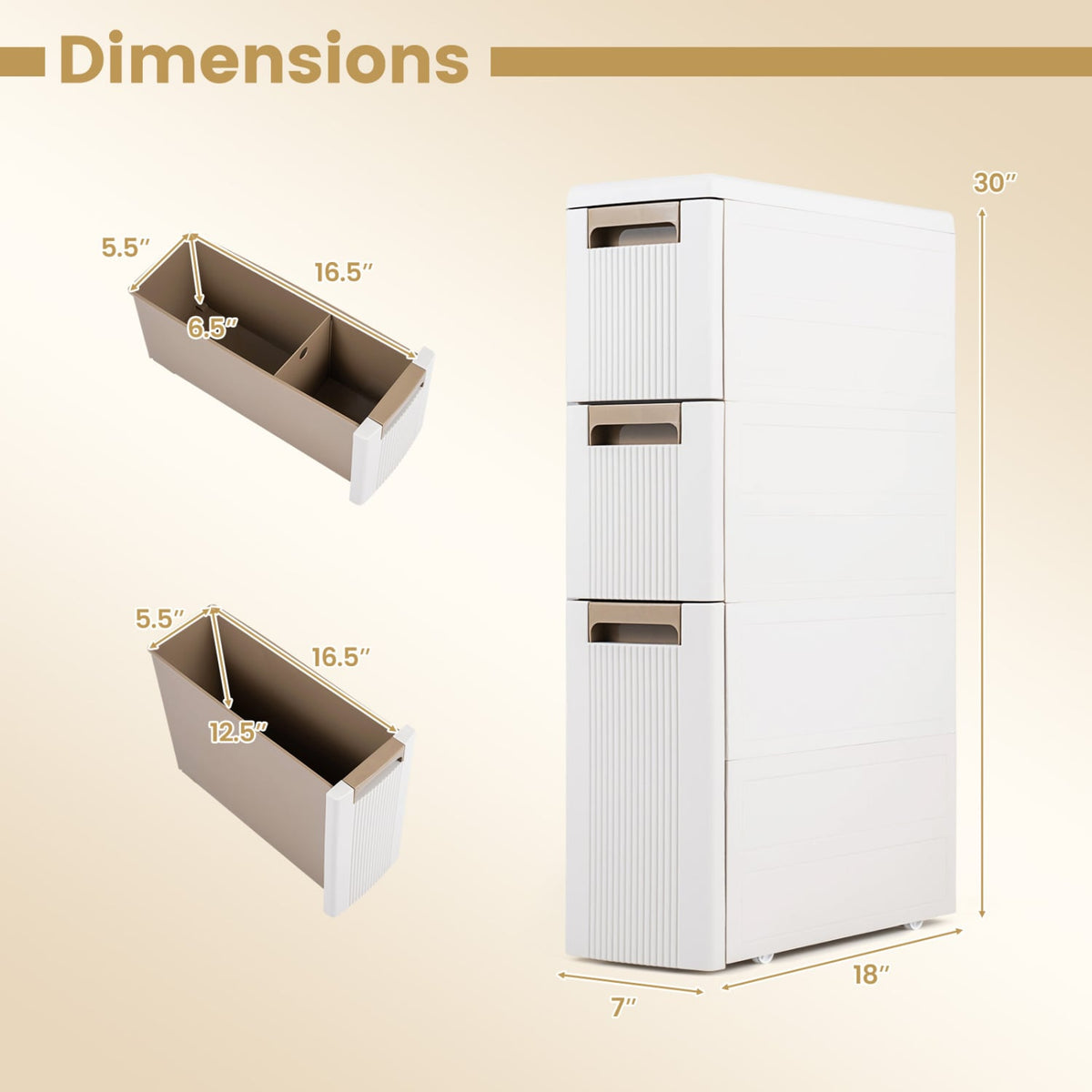 3-Tier Narrow Storage Cabinet, Slim Rolling Cart with 3 Drawers and 2 Removable Dividers-S view 5