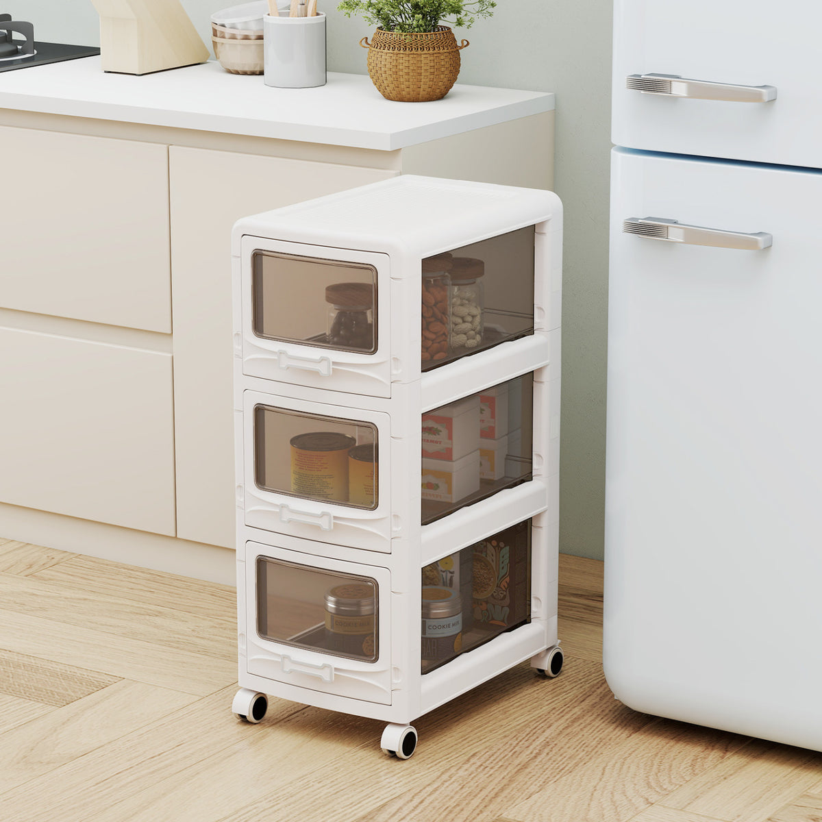 3-Tier Plastic Drawer Storage Organizer Rolling Cart with 3/4/5 Drawers and Lockable Wheels view 2