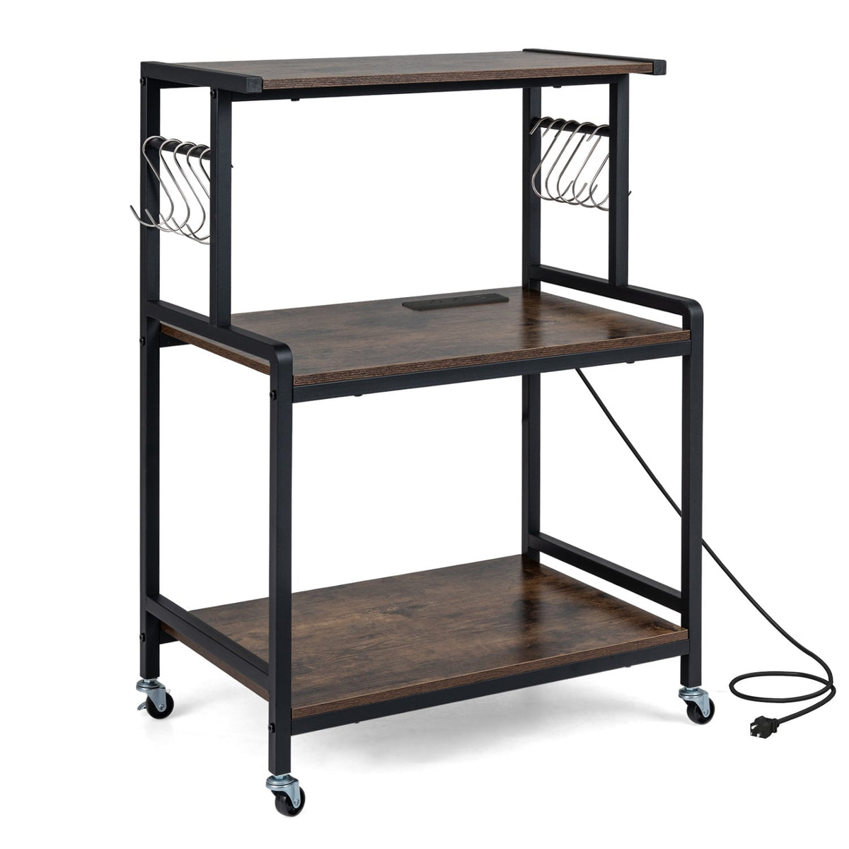 3-Tier Rolling Microwave Cart with Power Outlet and Lockable Wheels and 10 Hooks-Rustic Brown view 3