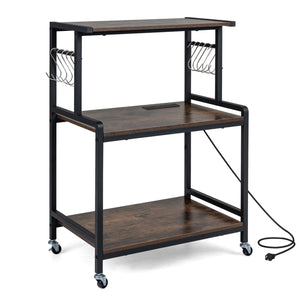 3-Tier Rolling Microwave Cart with Power Outlet and Lockable Wheels and 10 Hooks-Rustic Brown view 3