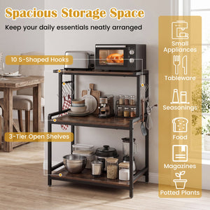 3-Tier Rolling Microwave Cart with Power Outlet and Lockable Wheels and 10 Hooks-Rustic Brown view 5