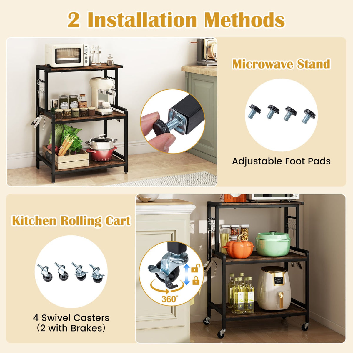 3-Tier Rolling Microwave Cart with Power Outlet and Lockable Wheels and 10 Hooks-Rustic Brown view 6