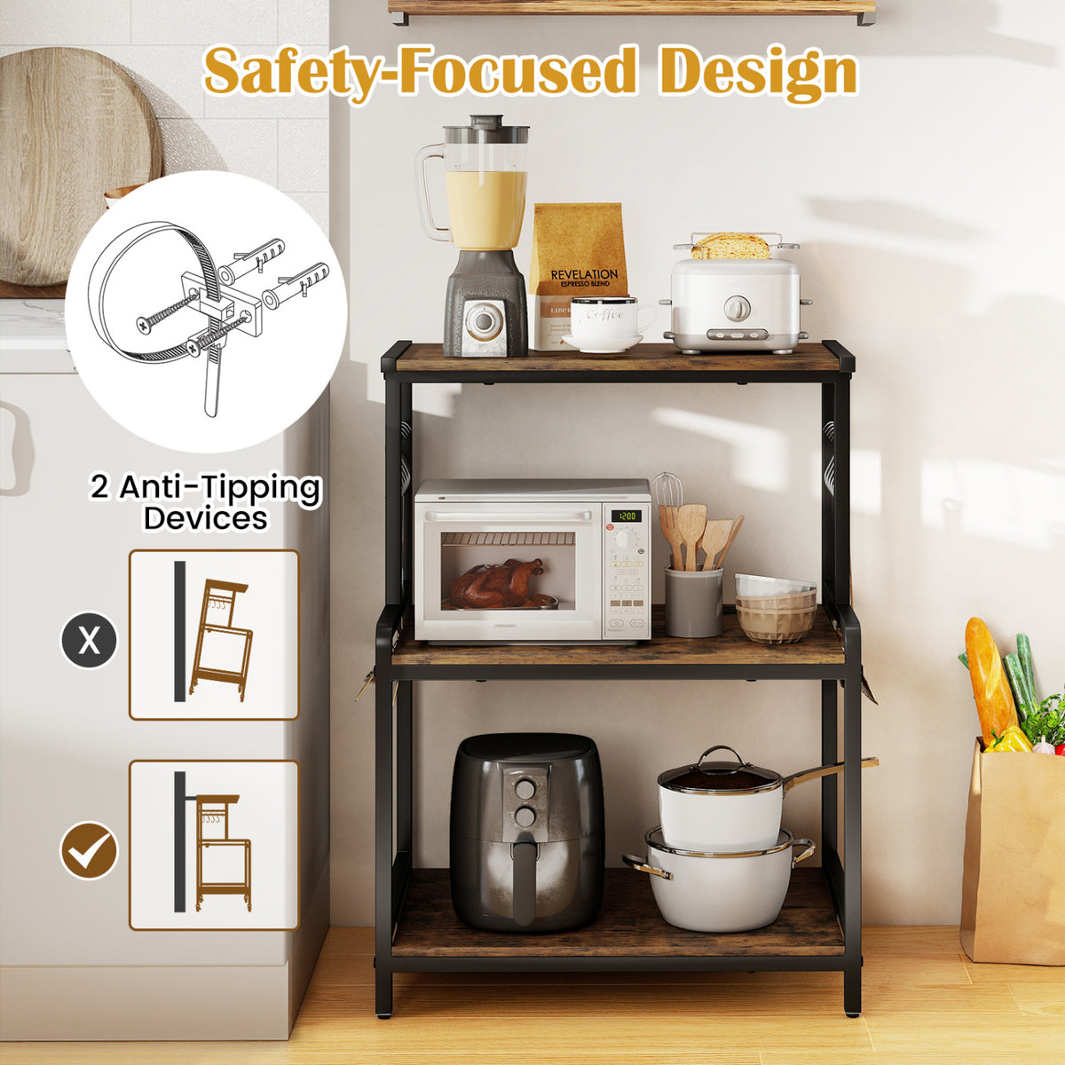 3-Tier Rolling Microwave Cart with Power Outlet and Lockable Wheels and 10 Hooks-Rustic Brown view 8