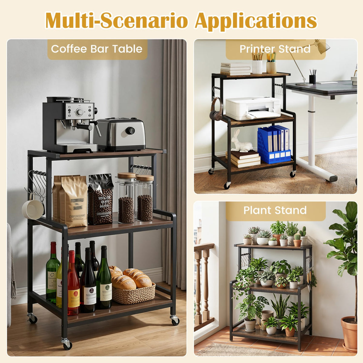 3-Tier Rolling Microwave Cart with Power Outlet and Lockable Wheels and 10 Hooks-Rustic Brown view 9