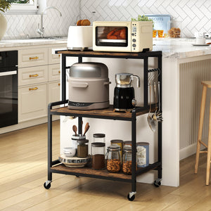 3-Tier Rolling Microwave Cart with Power Outlet and Lockable Wheels and 10 Hooks-Rustic Brown view 2
