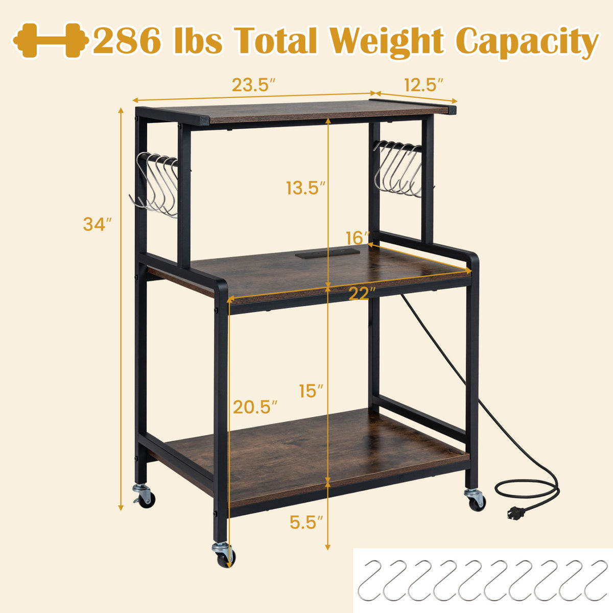3-Tier Rolling Microwave Cart with Power Outlet and Lockable Wheels and 10 Hooks-Rustic Brown view 4