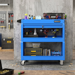 3 Tier Rolling Tool Cart with Lockable Drawer for Garage and Workshop-Blue view 2