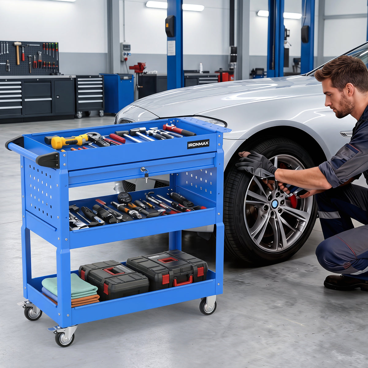 3 Tier Rolling Tool Cart with Lockable Drawer for Garage and Workshop-Blue view 3