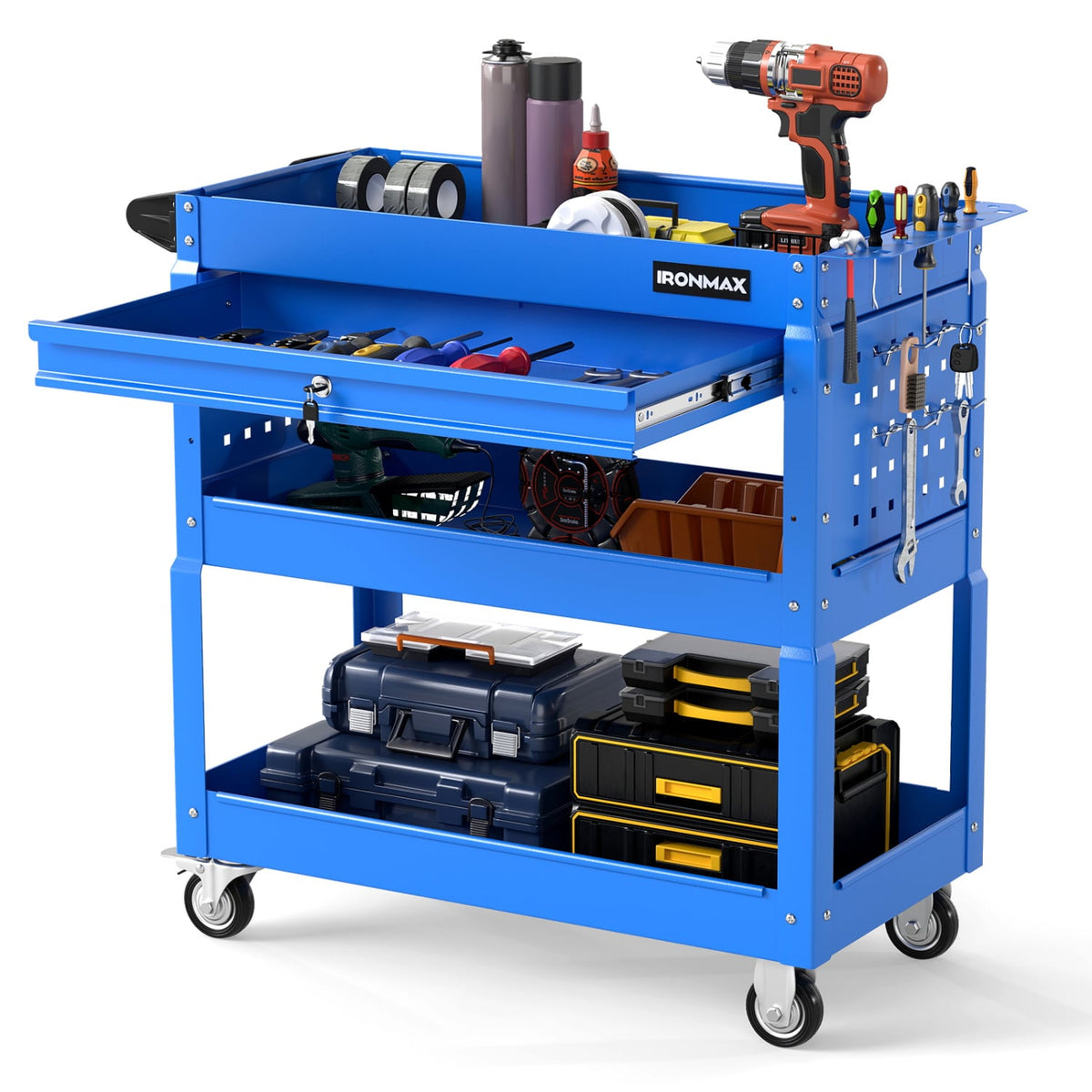3 Tier Rolling Tool Cart with Lockable Drawer for Garage and Workshop-Blue view 4