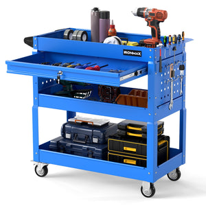 3 Tier Rolling Tool Cart with Lockable Drawer for Garage and Workshop-Blue view 4