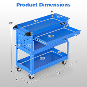 3 Tier Rolling Tool Cart with Lockable Drawer for Garage and Workshop-Blue view 5