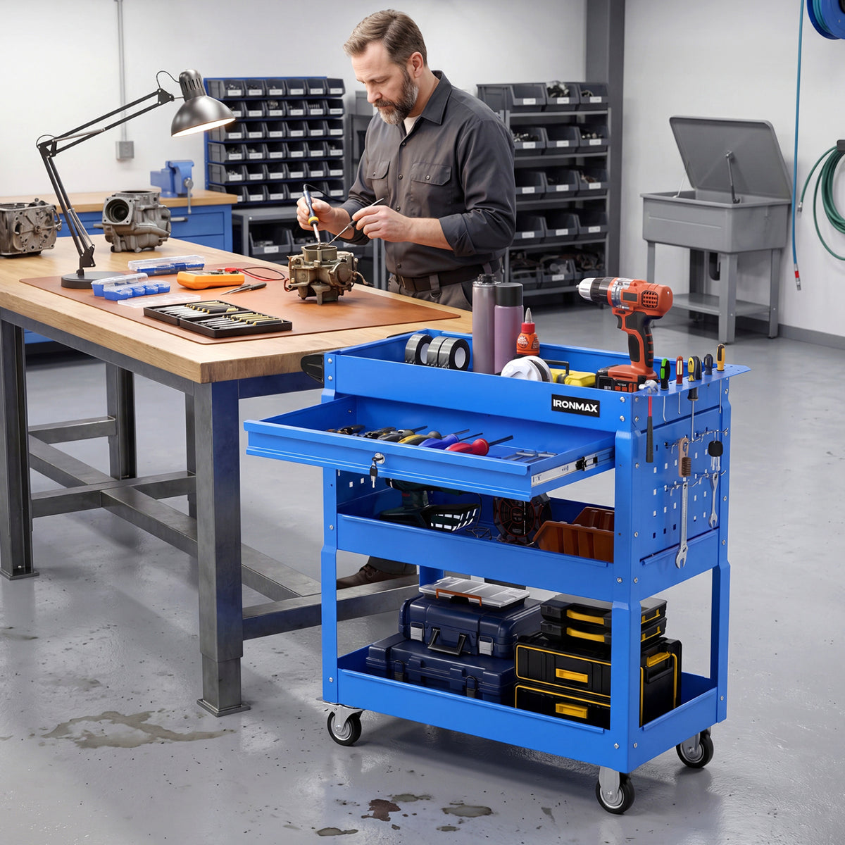 3 Tier Rolling Tool Cart with Lockable Drawer for Garage and Workshop-Blue view 6