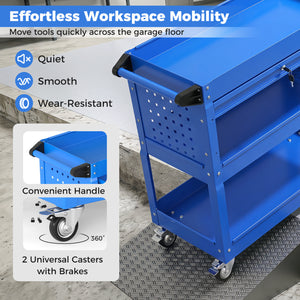 3 Tier Rolling Tool Cart with Lockable Drawer for Garage and Workshop-Blue view 8