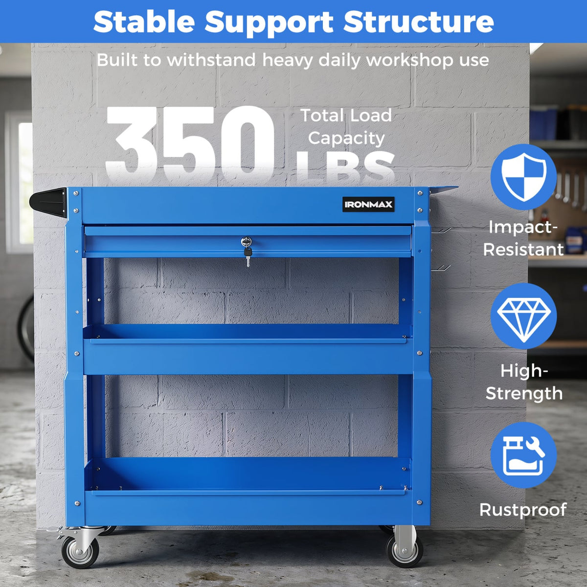 3 Tier Rolling Tool Cart with Lockable Drawer for Garage and Workshop-Blue view 9