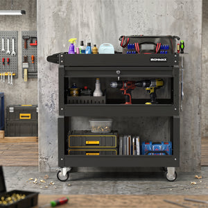 3 Tier Rolling Tool Cart with Lockable Drawer for Garage and Workshop-Black view 2