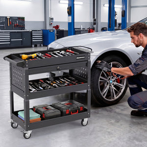 3 Tier Rolling Tool Cart with Lockable Drawer for Garage and Workshop-Black view 3