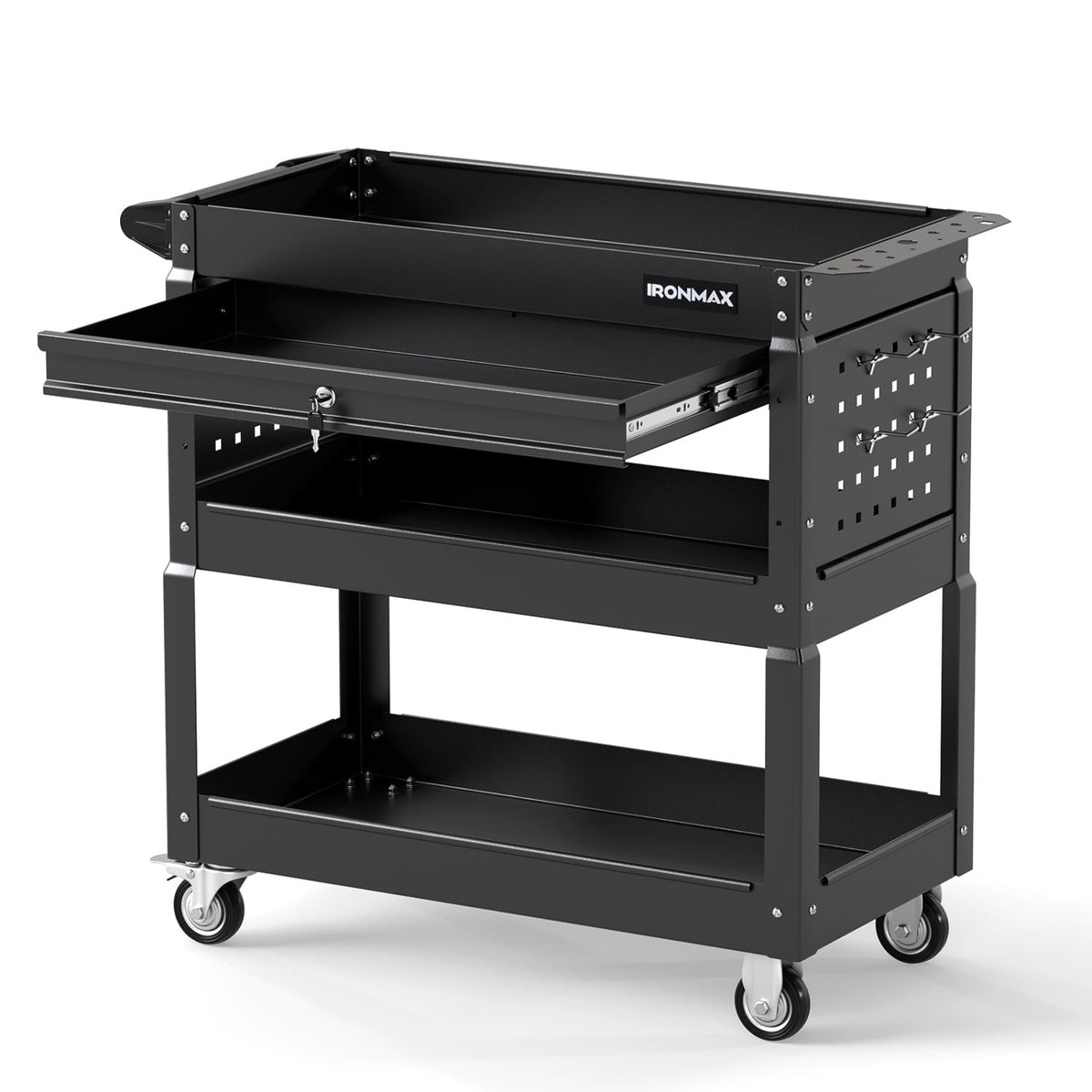 3 Tier Rolling Tool Cart with Lockable Drawer for Garage and Workshop-Black