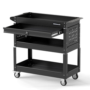 3 Tier Rolling Tool Cart with Lockable Drawer for Garage and Workshop-Black