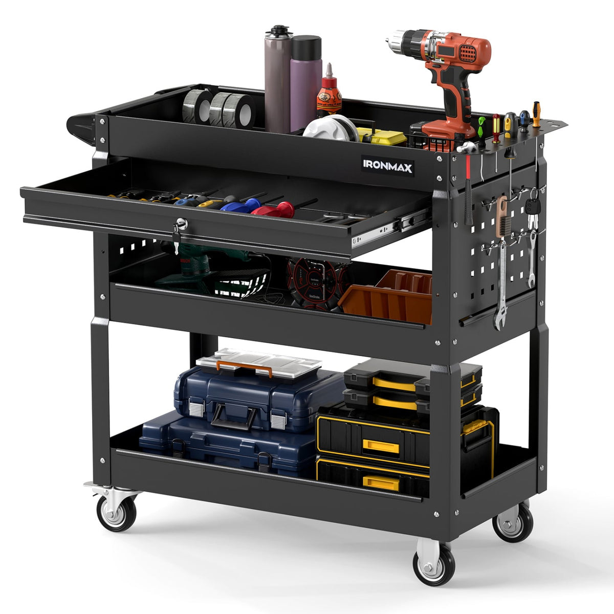 3 Tier Rolling Tool Cart with Lockable Drawer for Garage and Workshop-Black view 4