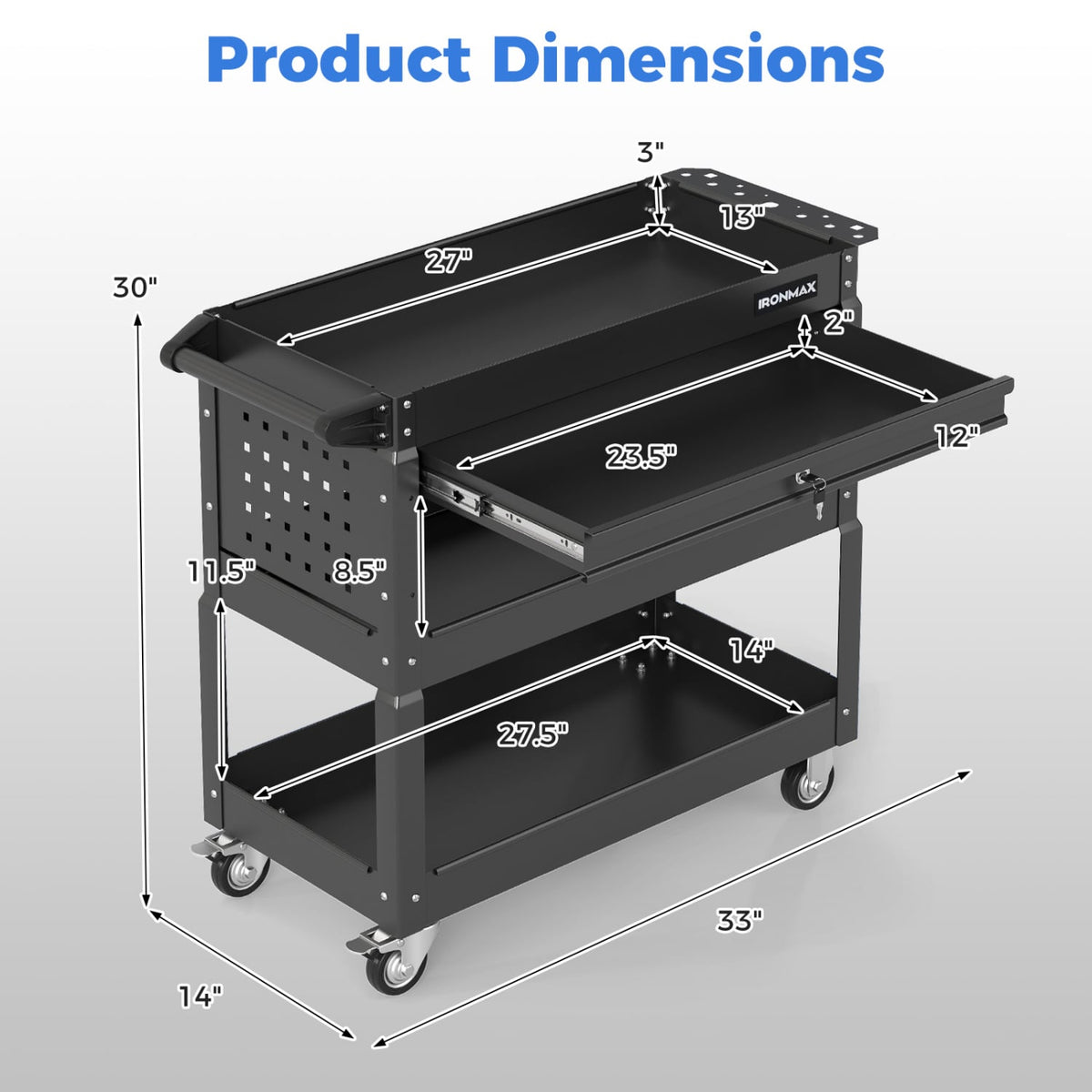 3 Tier Rolling Tool Cart with Lockable Drawer for Garage and Workshop-Black view 5