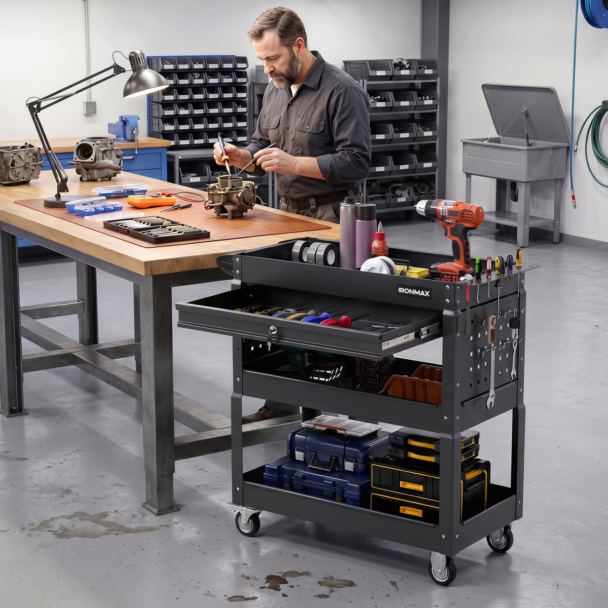 3 Tier Rolling Tool Cart with Lockable Drawer for Garage and Workshop-Black view 6