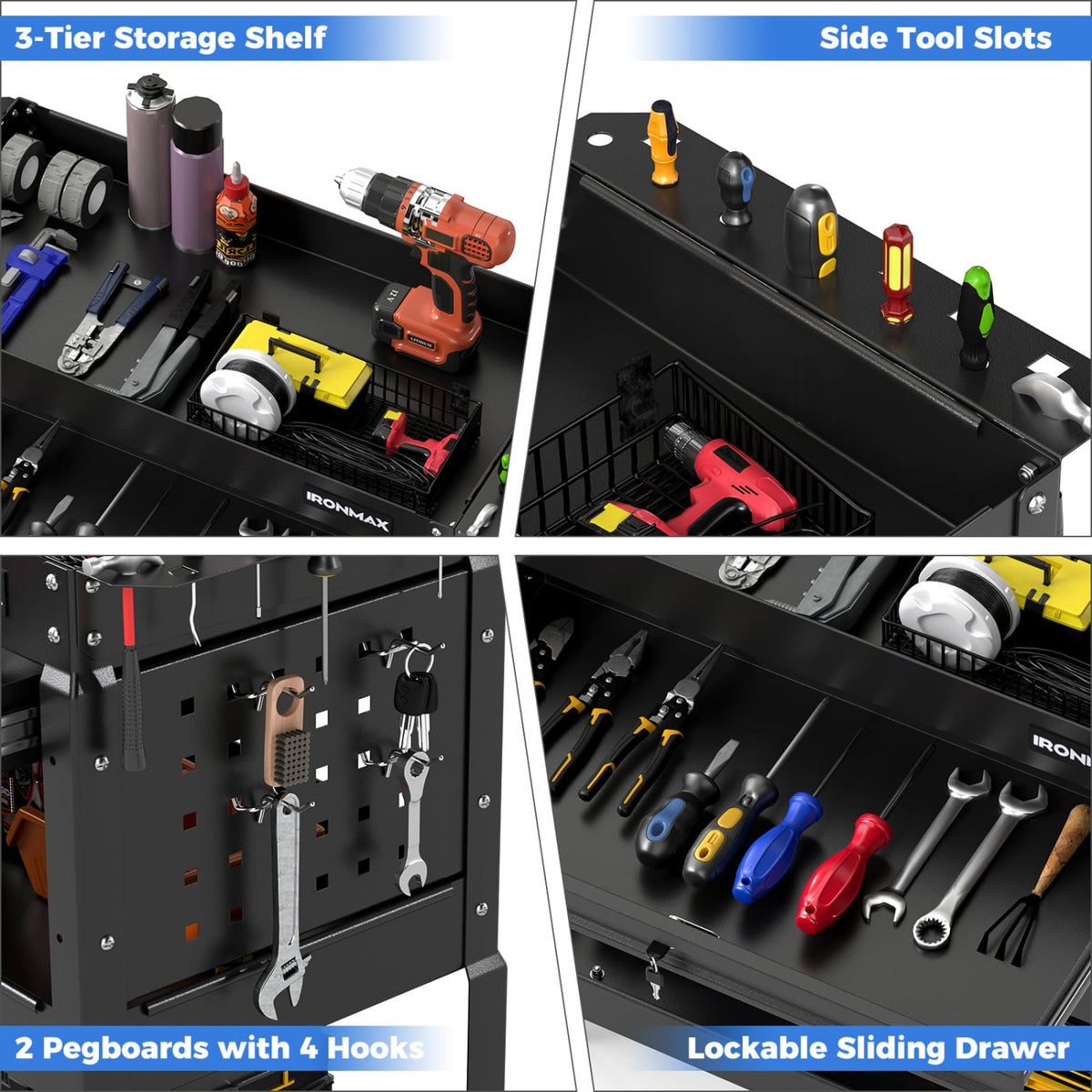 3 Tier Rolling Tool Cart with Lockable Drawer for Garage and Workshop-Black view 7