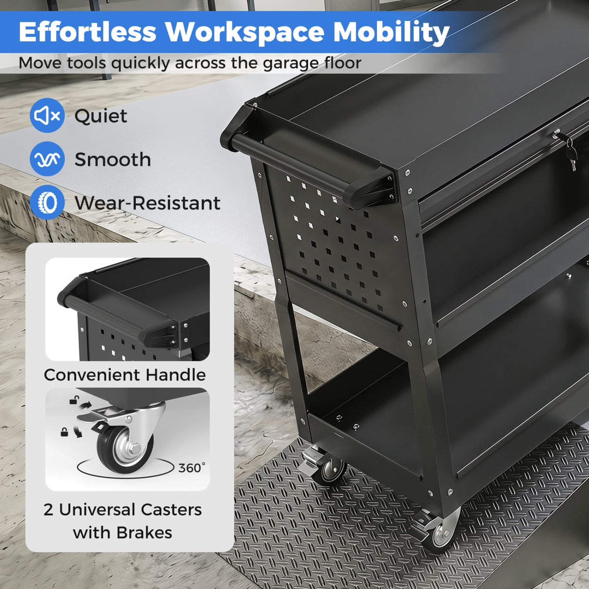 3 Tier Rolling Tool Cart with Lockable Drawer for Garage and Workshop-Black view 8