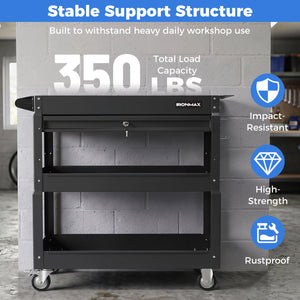 3 Tier Rolling Tool Cart with Lockable Drawer for Garage and Workshop-Black view 9