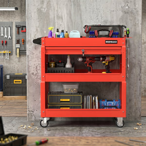 3 Tier Rolling Tool Cart with Lockable Drawer for Garage and Workshop-Red view 2