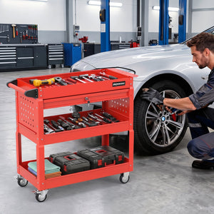 3 Tier Rolling Tool Cart with Lockable Drawer for Garage and Workshop-Red view 3
