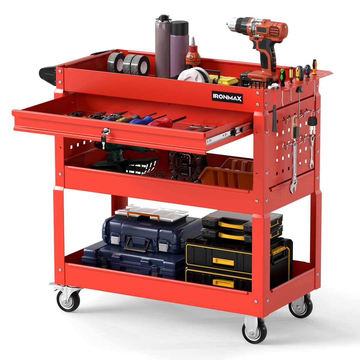 3 Tier Rolling Tool Cart with Lockable Drawer for Garage and Workshop-Red view 4