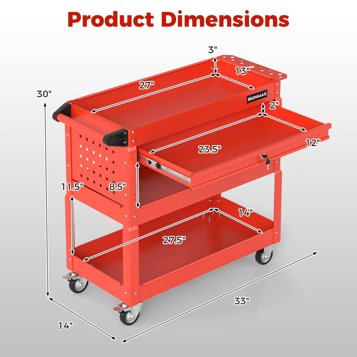 3 Tier Rolling Tool Cart with Lockable Drawer for Garage and Workshop-Red view 5