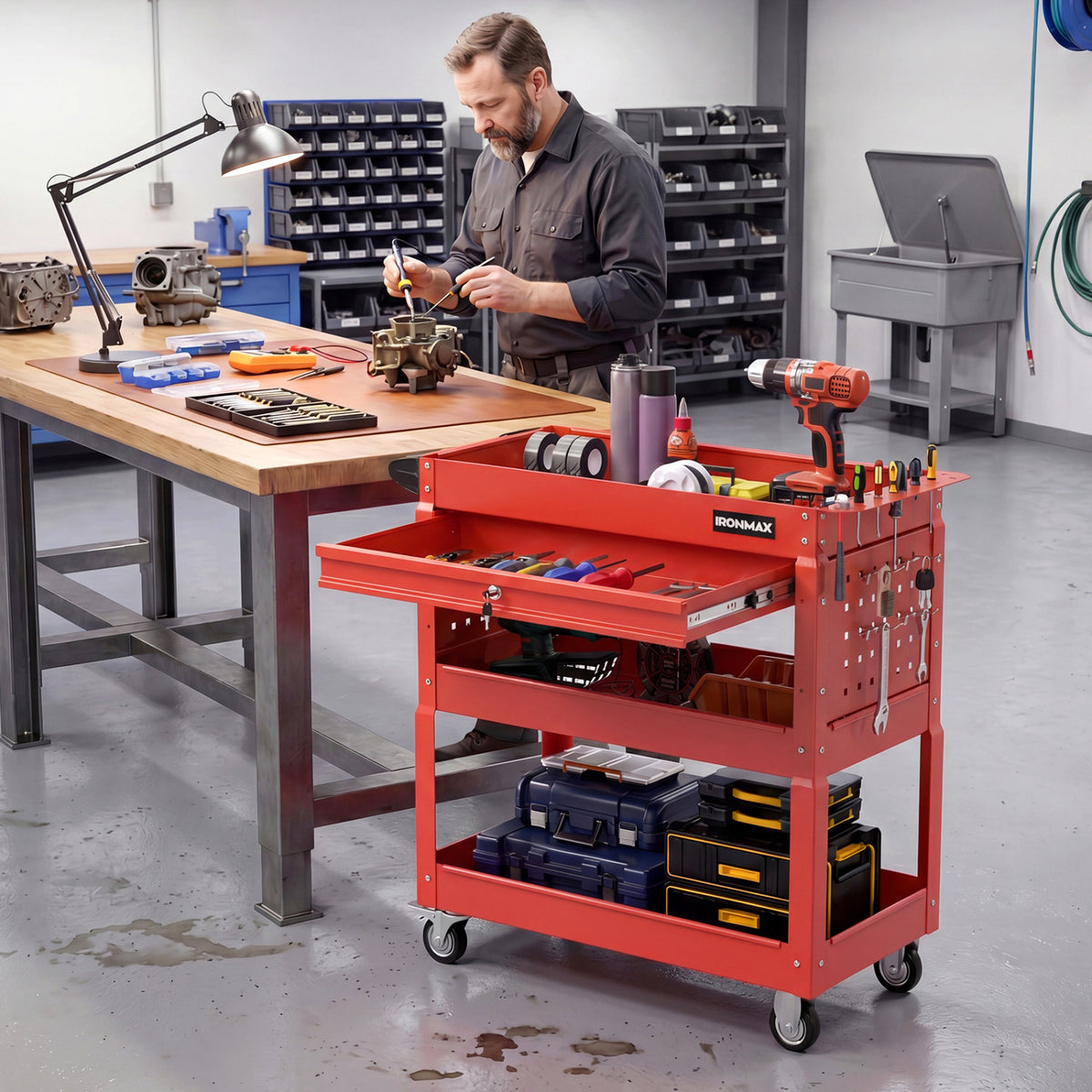3 Tier Rolling Tool Cart with Lockable Drawer for Garage and Workshop-Red view 6