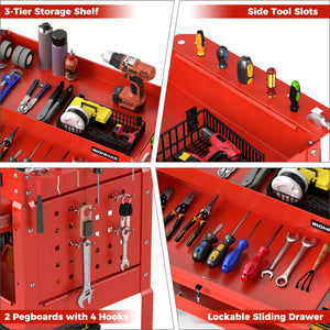 3 Tier Rolling Tool Cart with Lockable Drawer for Garage and Workshop-Red view 7