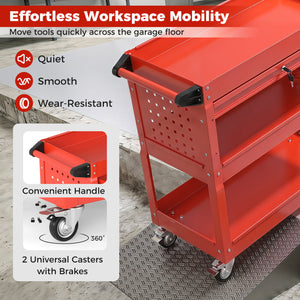 3 Tier Rolling Tool Cart with Lockable Drawer for Garage and Workshop-Red view 8