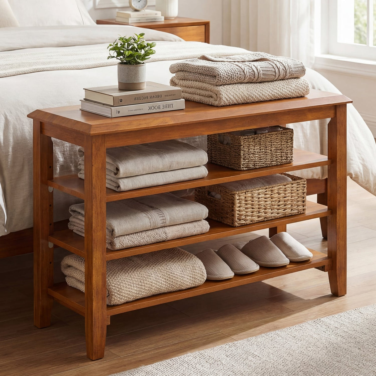 3-Tier Shoe Rack Bench with Adjustable Shelves for Entryway and Living Room-Brown view 2