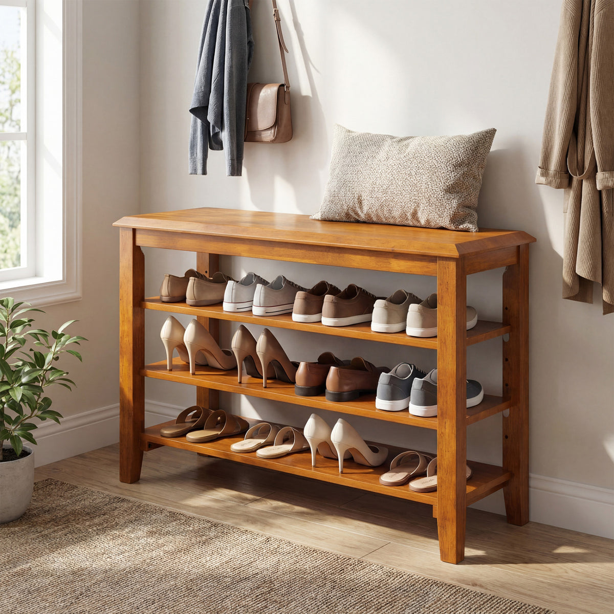 3-Tier Shoe Rack Bench with Adjustable Shelves for Entryway and Living Room-Brown view 6