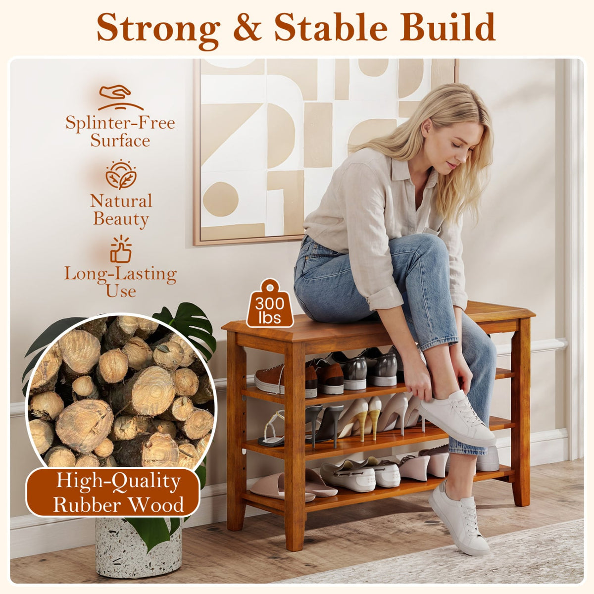 3-Tier Shoe Rack Bench with Adjustable Shelves for Entryway and Living Room-Brown view 8